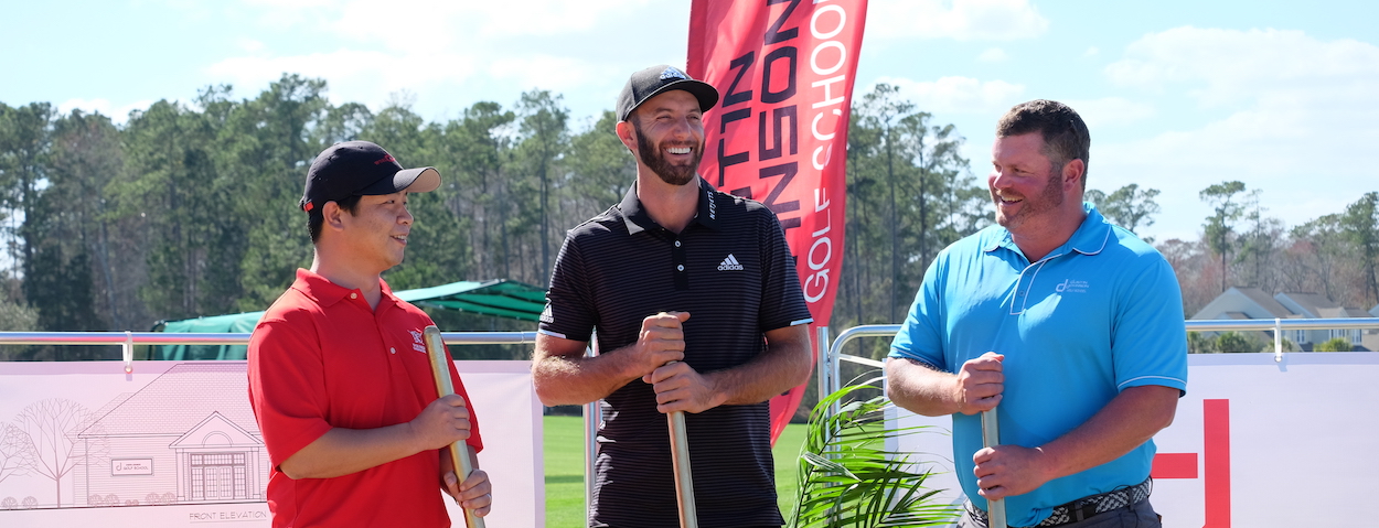 (l to r) Dan Liu, Dustin Johnson and Allen Terrell at the groundbreaking for the new Dustin Johnson Golf School at TPC Myrtle Beach